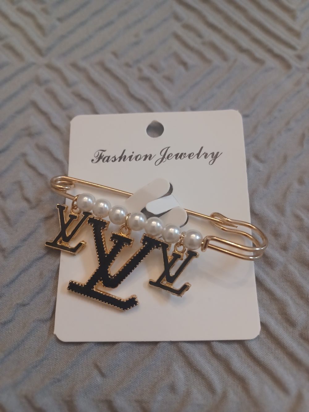 Gold Pearl Safety Pin Brooch with Black Letter Charms